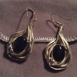 Silver drop earrings with black onyx stone